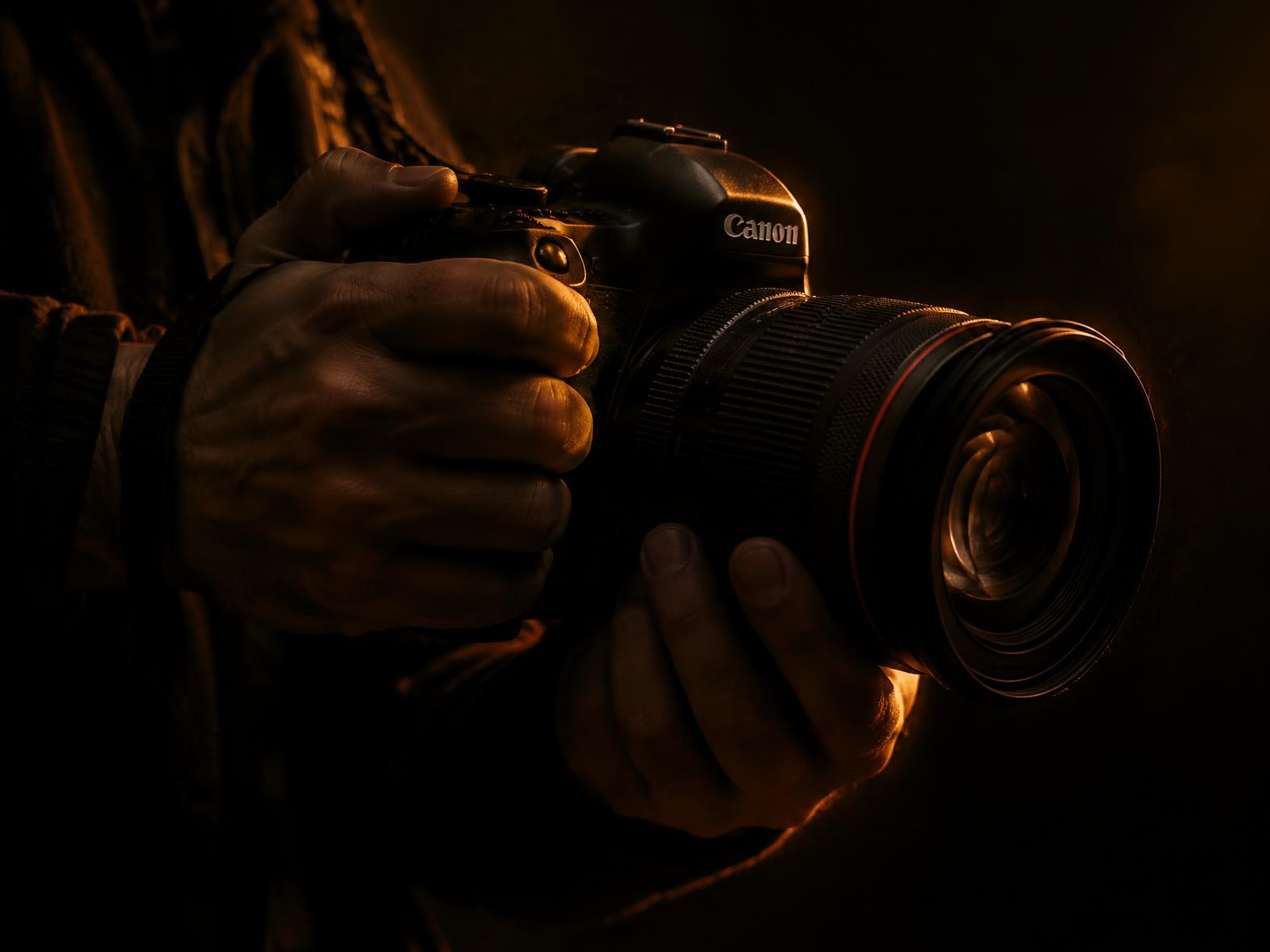 Photographer holding a camera in warm orange light